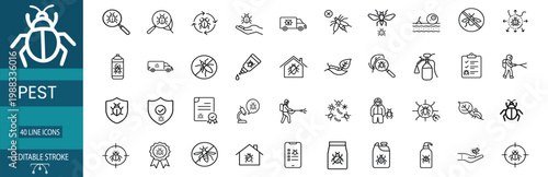 pest control web line icons set featuring bug life cycle chemical spray wasp prevention flea treatment worker in hazmat and more Vector Illustration with editable stroke