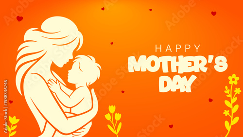 happy mother’s day mom and child love silhouette design, cute mother and baby hug illustration for greeting card, modern mother’s day vector with hearts and floral elements, warm family love concept m
