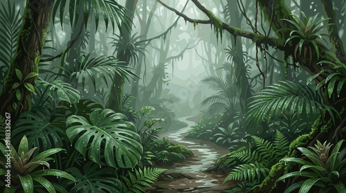Misty jungle path winding through dense tropical rainforest with lush foliage and ancient trees