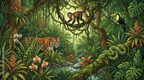Vibrant tropical jungle ecosystem with diverse wildlife. Majestic tiger, playful monkey, colorful toucan, lush foliage, winding streams; an immersive nature scene