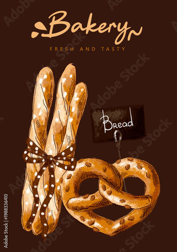 Composition with different types of bread, baked goods. Imitation of pastels, hand-drawn.