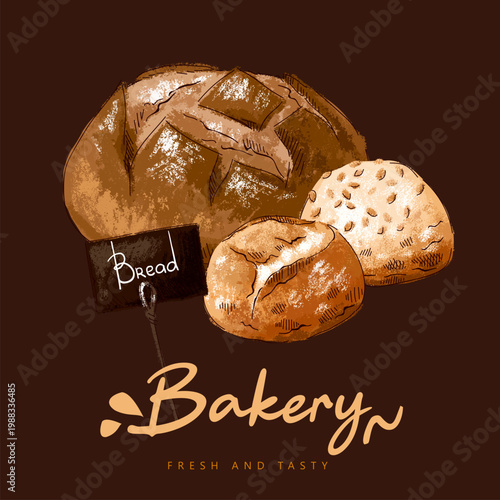 Composition with different types of bread. Imitation of pastels, hand-drawn.