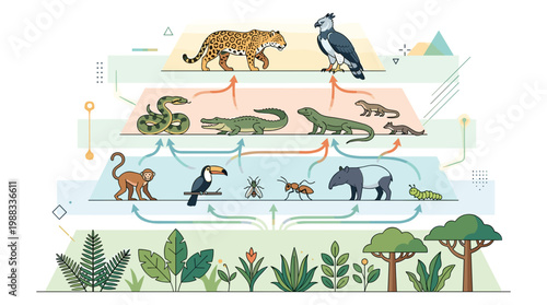 Amazon rainforest ecosystem food web illustration depicting interconnectedness of flora and fauna