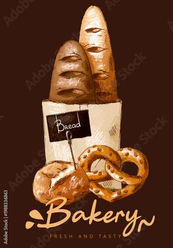 Composition with different types of bread, baked goods, kraft bag. Imitation of pastels, hand-drawn.