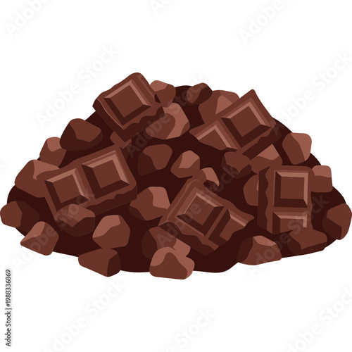 A pile of broken chocolate bars and chunks on a surface