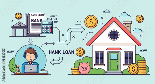 Home loan process illustration with bank and piggy bank.