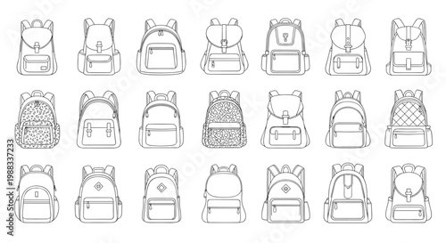 Large set of various backpack line art icons showing different styles and designs for school, travel, and everyday use in vector.