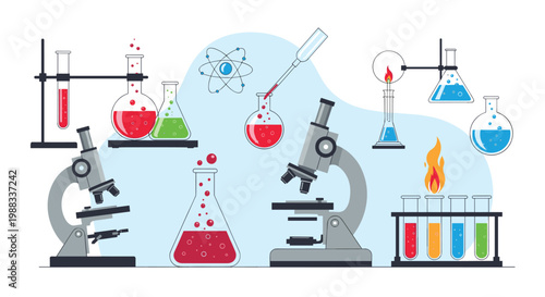 Comprehensive collection of laboratory glassware, microscopes, and chemical reactions showing various colorful liquids in beakers.