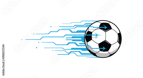 Soccer ball moving with high speed blue digital circuit lines representing technology in sports and data analytics on white.