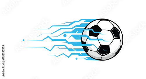 Speeding soccer ball with dynamic blue electric trail lines representing rapid movement and energy in a professional match.