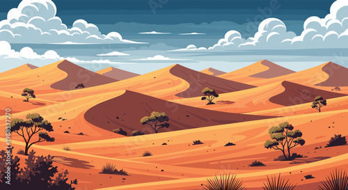 Vast desert landscape with rolling orange sand dunes, scattered green trees, and a cloudy blue sky in a pixel art style.