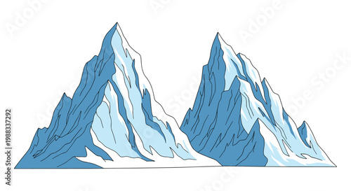 Pair of majestic snowy mountain peaks with blue shadows and white snow covering the slopes under a clear sky in vector.