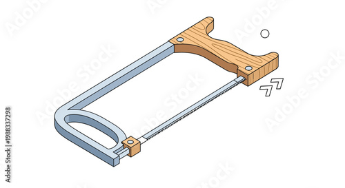 Detailed illustration of a manual hacksaw tool with a wooden handle and metal blade for cutting metal or plastic on white.
