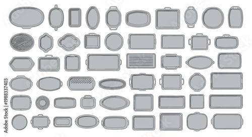 Extensive collection of various grey serving trays and plates in different shapes and sizes for catering and home use.