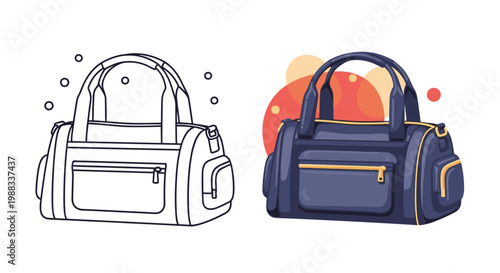 Sporty duffle bag shown in both a simple line art outline and a colored navy blue version with gold zipper details.