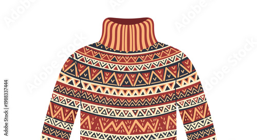 Cozy winter turtleneck sweater featuring detailed geometric patterns in warm shades of red, orange, and brown colors.