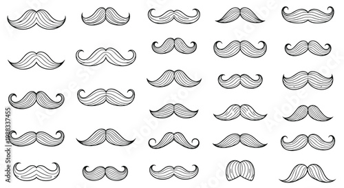 Large assortment of various hand drawn mustache styles in black ink with detailed shading and textures for male grooming.