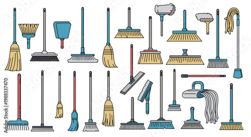 Comprehensive set of various cleaning brooms, mops, and dustpans in different styles and colors for household maintenance.