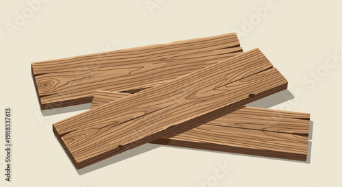 Three long wooden planks made of brown timber stacked on a light background for carpentry, construction and diy project designs.