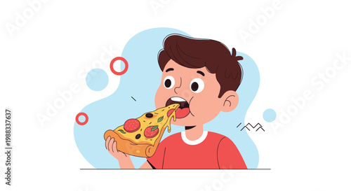 Young boy enjoying a large slice of pepperoni pizza with melted cheese while sitting against a soft blue abstract background shape.