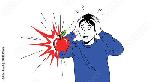 Man looking shocked and terrified as a red apple explodes with bright red sparks in front of him in a dramatic comic style scene.