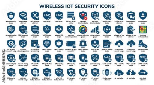 A collection of wireless IoT security icons on a white background