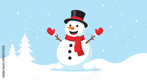 Happy snowman wearing a black top hat, red scarf, and red mittens standing in a snowy winter landscape with pine tree outlines.