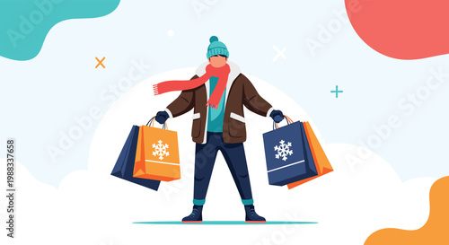 Man in warm winter clothing carrying several blue and orange shopping bags decorated with snowflakes for holiday sales and gifts.
