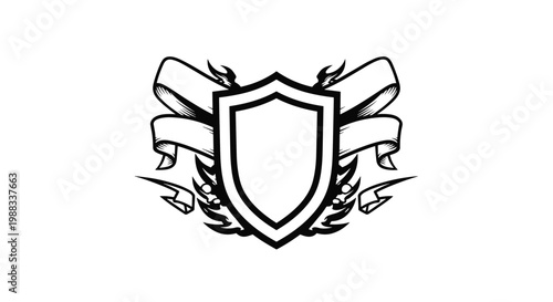 Detailed heraldic shield with ribbons and decorative flames in a black and white line art style for logos and emblem designs.