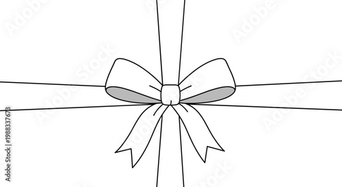 Simple bow tied on a gift box shown in a clean black and white line art illustration for coloring pages and greeting cards.