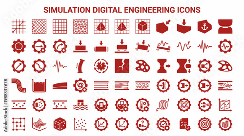 A collection of simulation digital engineering icons on a white background