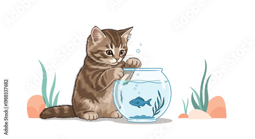 Adorable brown tabby kitten peering over the edge of a glass fishbowl containing a small blue fish and green aquatic plants.