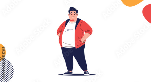 Cheerful plus size man wearing a red zip-up hoodie and white t-shirt standing with his hands on his hips against an abstract background.