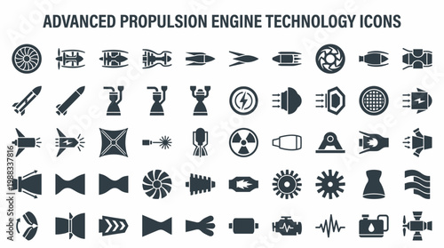 A collection of advanced propulsion engine technology icons on a white background