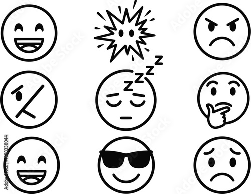 Collection of hand drawn emoticons representing various emotions and expressions