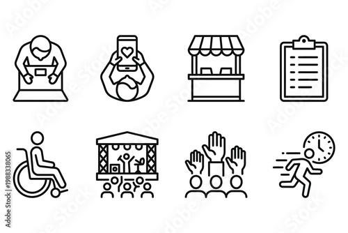 Event icons including stage crowd disabled access time rush with hands up sporting event performance audience