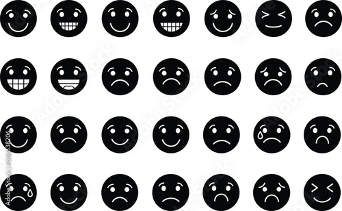 Collection of black and white emoticons representing various emotions