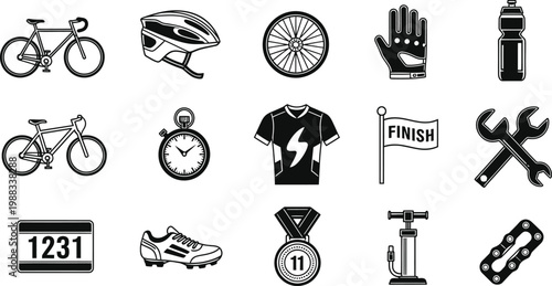 Cycling equipment icons a black and white collection for sports and recreation