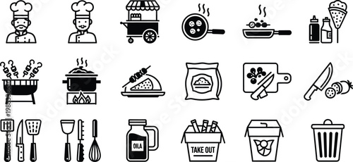 Street food and cooking icons set black and white illustration