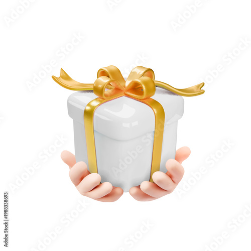 3d human hand hold gift box, Holiday surprise box concept Hands holding white render gift with gold ribbon and bow . Birthday vector design. Christmas package