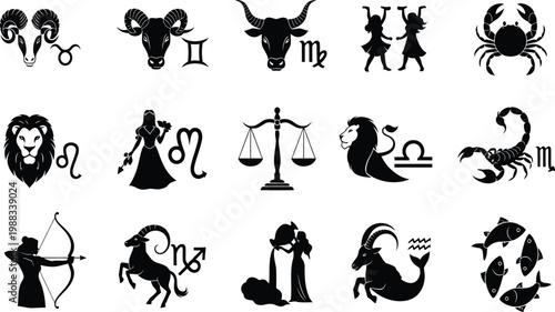 Zodiac sign silhouette collection, black horoscope icons set, astrology symbols pack, spiritual vector clipart, isolated on white background design sheet