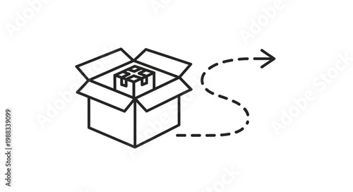 Open cardboard box with smaller box inside and dashed arrow.