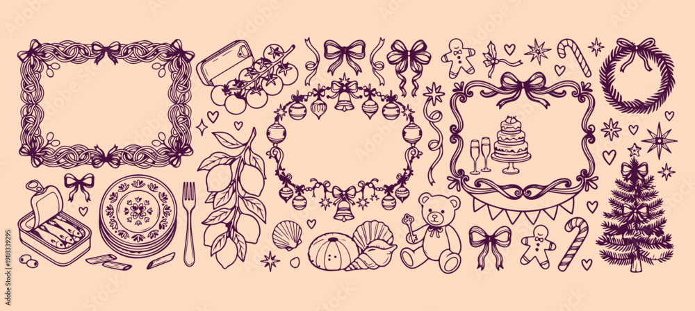 Obraz premium Organic botanical wreath collection, decorative nature border frames, hand drawn leaf and branch doodle, minimalist botanical design elements, creative garden themed frames, elegant nature border line