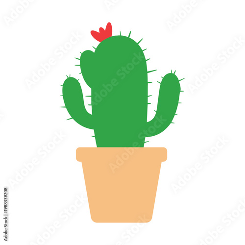 Cute Green Saguaro Cactus in Tan Pot with Red Flower Vector Illustration. Isolated Minimalist Succulent Plant for Nature, Desert, and Botanical Home Decor Graphic Design. Flat Vector Icon Element.
