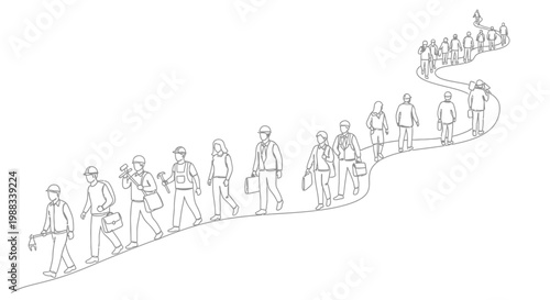 People walking in a line formation.