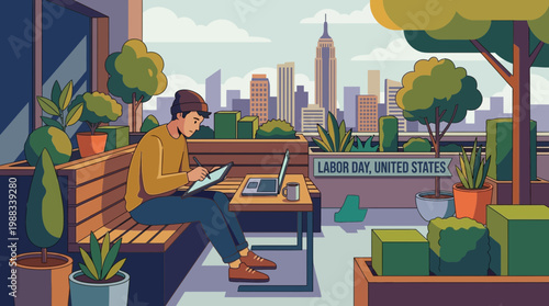 Digital Nomad Working on Rooftop Garden with City View Illustration