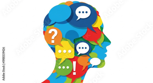 Human Head Silhouette Filled With Colorful Speech Bubbles and Symbols.
