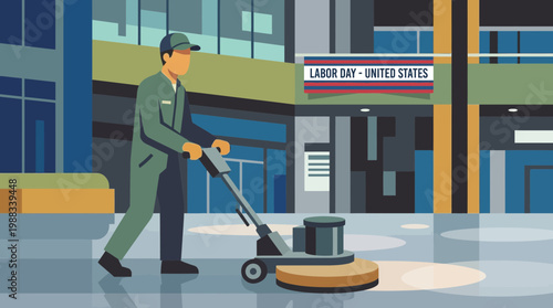 Worker Using Floor Polishing Machine in Building for Labor Day
