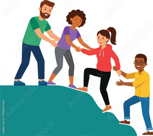 Vector illustration of a diverse group helping each other climb a hill, representing teamwork, cooperation, and mutual support.