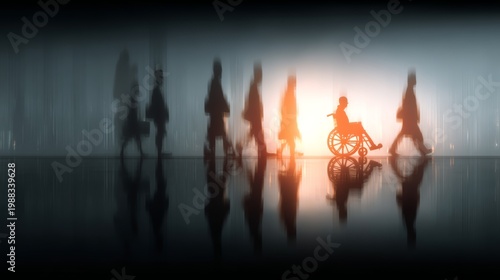 Wallpaper Mural Business commuters and a person in a wheelchair among blurred silhouettes reflecting inclusion and accessibility in an urban transit environment at dusk Torontodigital.ca